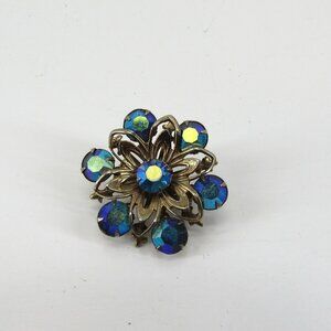 Vintage Blue Rhinestone and Silver Tone One Inch Flower Brooch